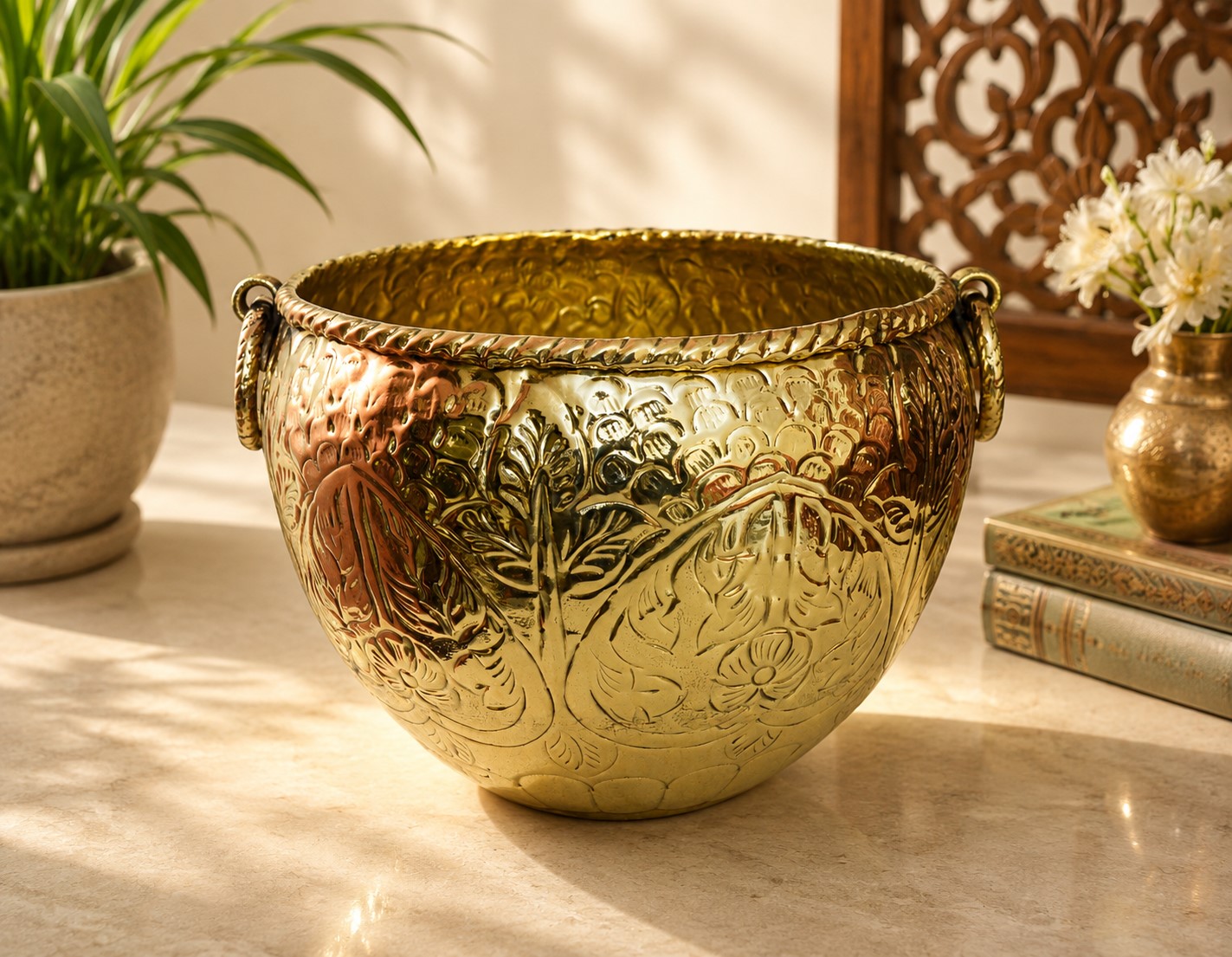 Handcrafted Carved Brass Planter | Ornate Golden Plant Container | Decorative Flower Pot | Traditional Brass Planter for Home & Office Décor - Image 5