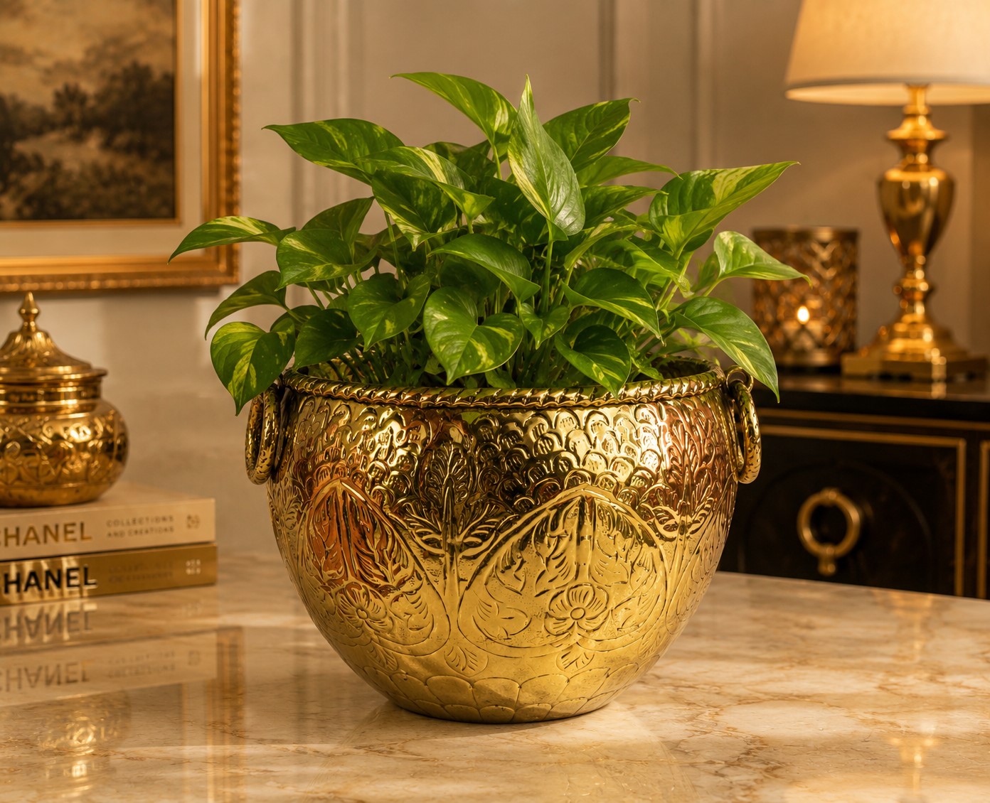 Handcrafted Carved Brass Planter | Ornate Golden Plant Container | Decorative Flower Pot | Traditional Brass Planter for Home & Office Décor