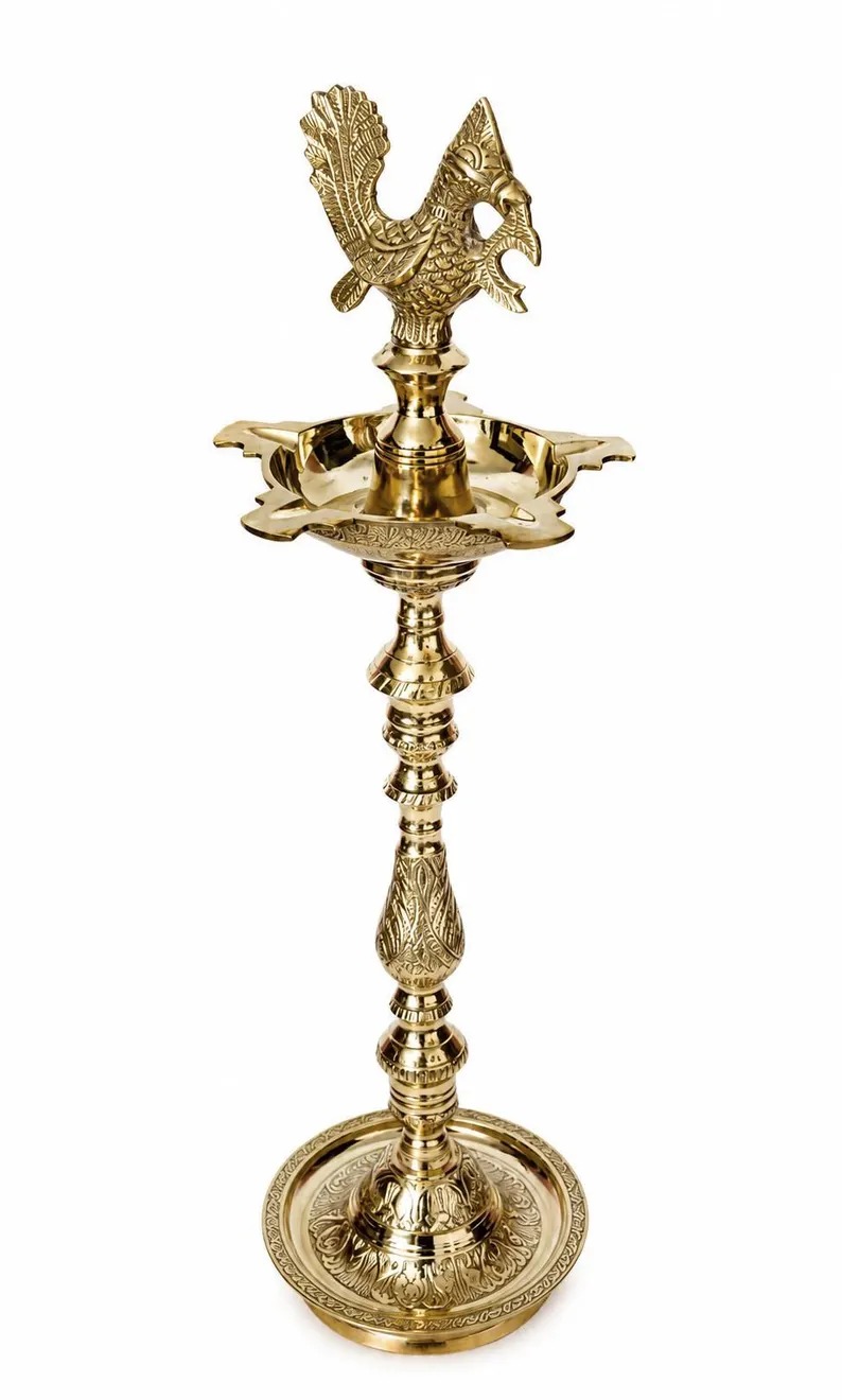 Brass Oil Lamp | Mahabharat Kuthu Vilakku with Peacock Motif | Hand-Engraved Traditional Indian Diya for Pooja & Home Décor - Image 2