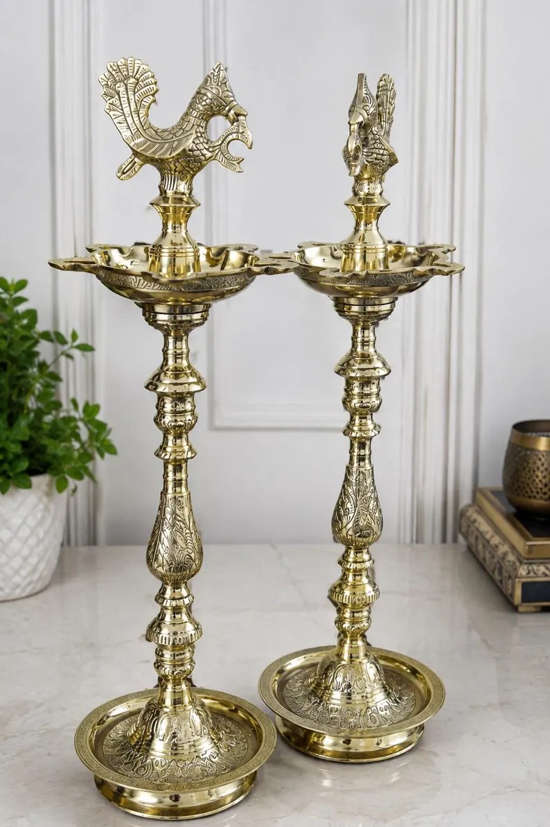 Brass Oil Lamp | Mahabharat Kuthu Vilakku with Peacock Motif | Hand-Engraved Traditional Indian Diya for Pooja & Home Décor - Image 6