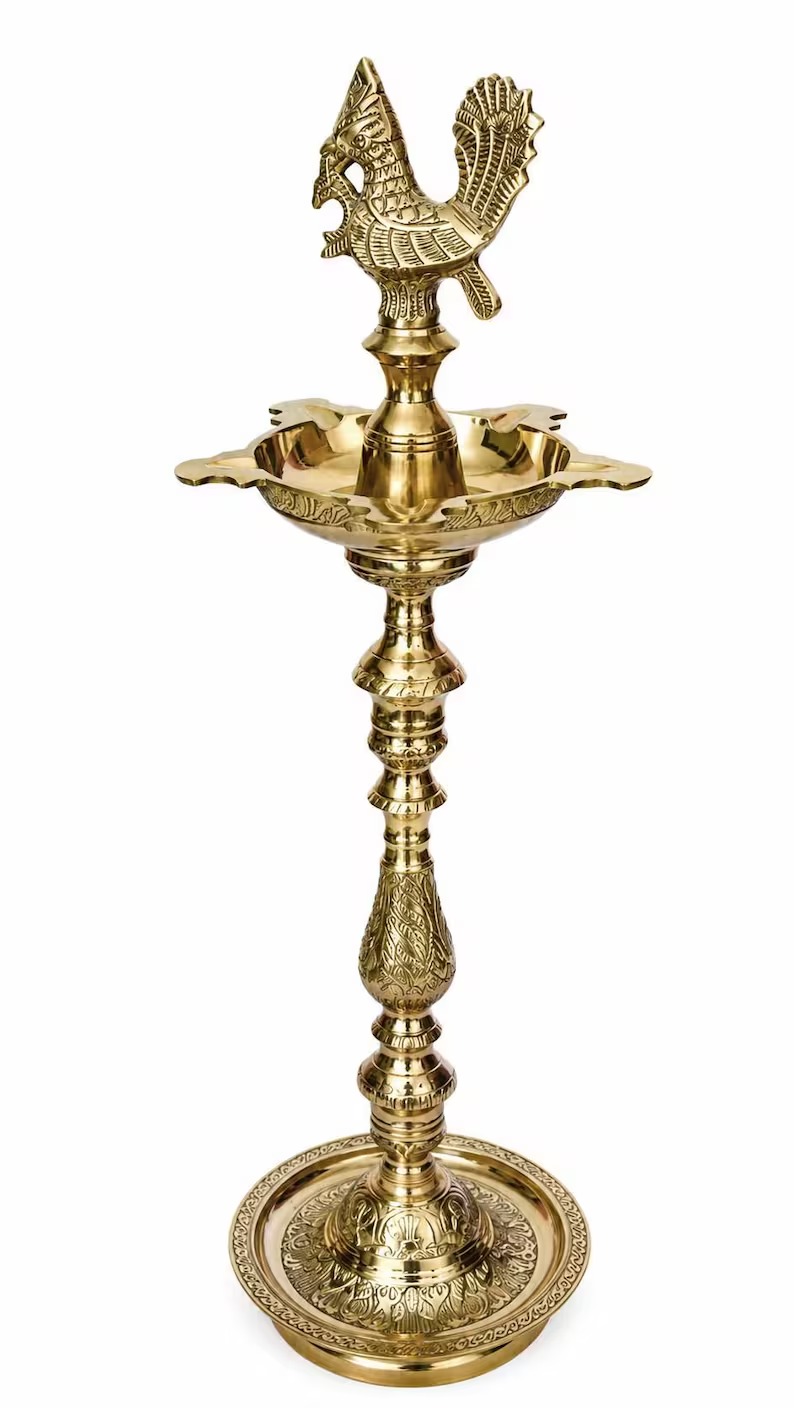 Brass Oil Lamp | Mahabharat Kuthu Vilakku with Peacock Motif | Hand-Engraved Traditional Indian Diya for Pooja & Home Décor - Image 4