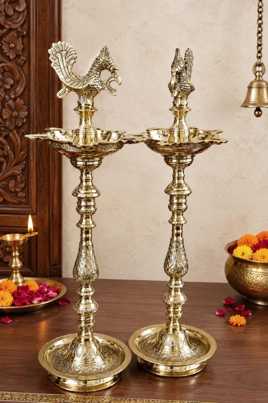 Brass Oil Lamp | Mahabharat Kuthu Vilakku with Peacock Motif | Hand-Engraved Traditional Indian Diya for Pooja & Home Décor