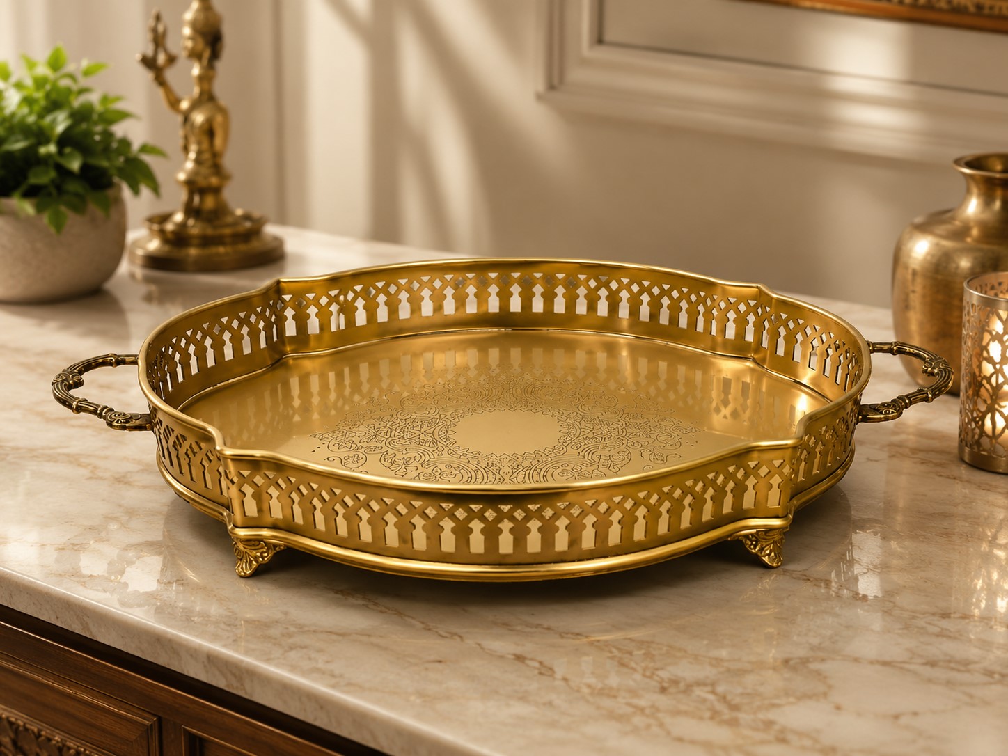 Brass Matte Antique Finish Decorative Serving Tray | Cutwork Design Brass Platter | Elegant Centerpiece Tray for Home Décor & Entertaining - Image 7