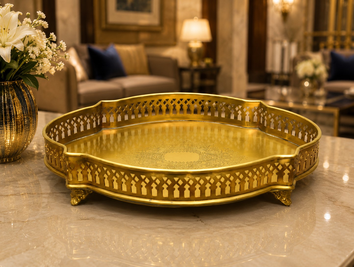 Brass Matte Antique Finish Decorative Serving Tray | Cutwork Design Brass Platter | Elegant Centerpiece Tray for Home Décor & Entertaining - Image 8