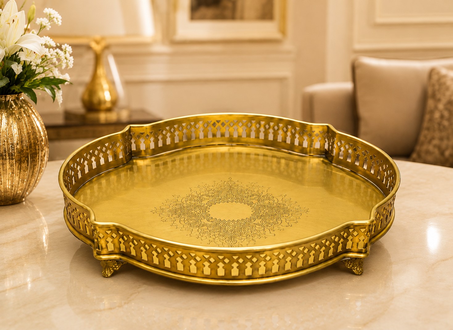 Brass Matte Antique Finish Decorative Serving Tray | Cutwork Design Brass Platter | Elegant Centerpiece Tray for Home Décor & Entertaining