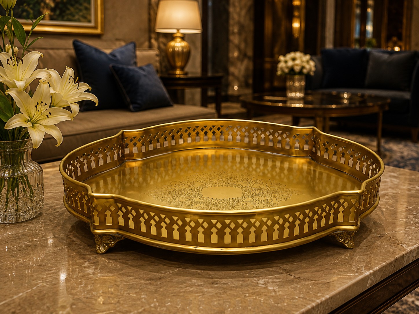Brass Matte Antique Finish Decorative Serving Tray | Cutwork Design Brass Platter | Elegant Centerpiece Tray for Home Décor & Entertaining - Image 9