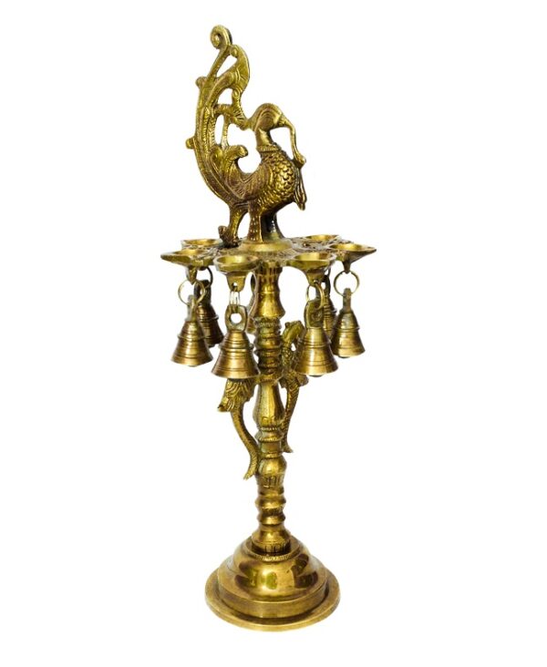 Oil Lamp, Peacock & Bell Oil Lamp/Diya - Handcrafted Brass Traditionally Designed in Antique Finish