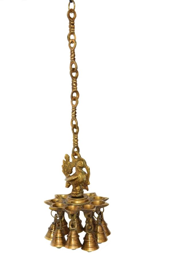 Oil Lamp, Peacock & Bell Hanging Oil Lamp/Diya - Handcrafted Brass Traditionally Designed in Antique Finish