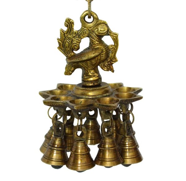 Oil Lamp, Peacock & Bell Hanging Oil Lamp/Diya - Handcrafted Brass Traditionally Designed in Antique Finish - Image 2