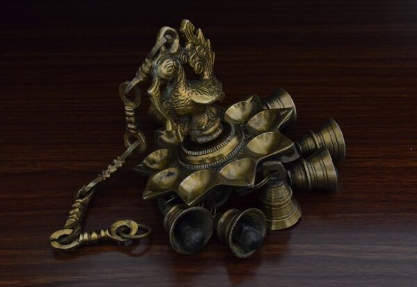 Oil Lamp, Peacock & Bell Hanging Oil Lamp/Diya - Handcrafted Brass Traditionally Designed in Antique Finish - Image 3