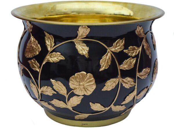 Brass Plant Container/Planter/Flower Pot in Black & Golden Embossed Design – Size Dia 12 x Height 8.5 inches