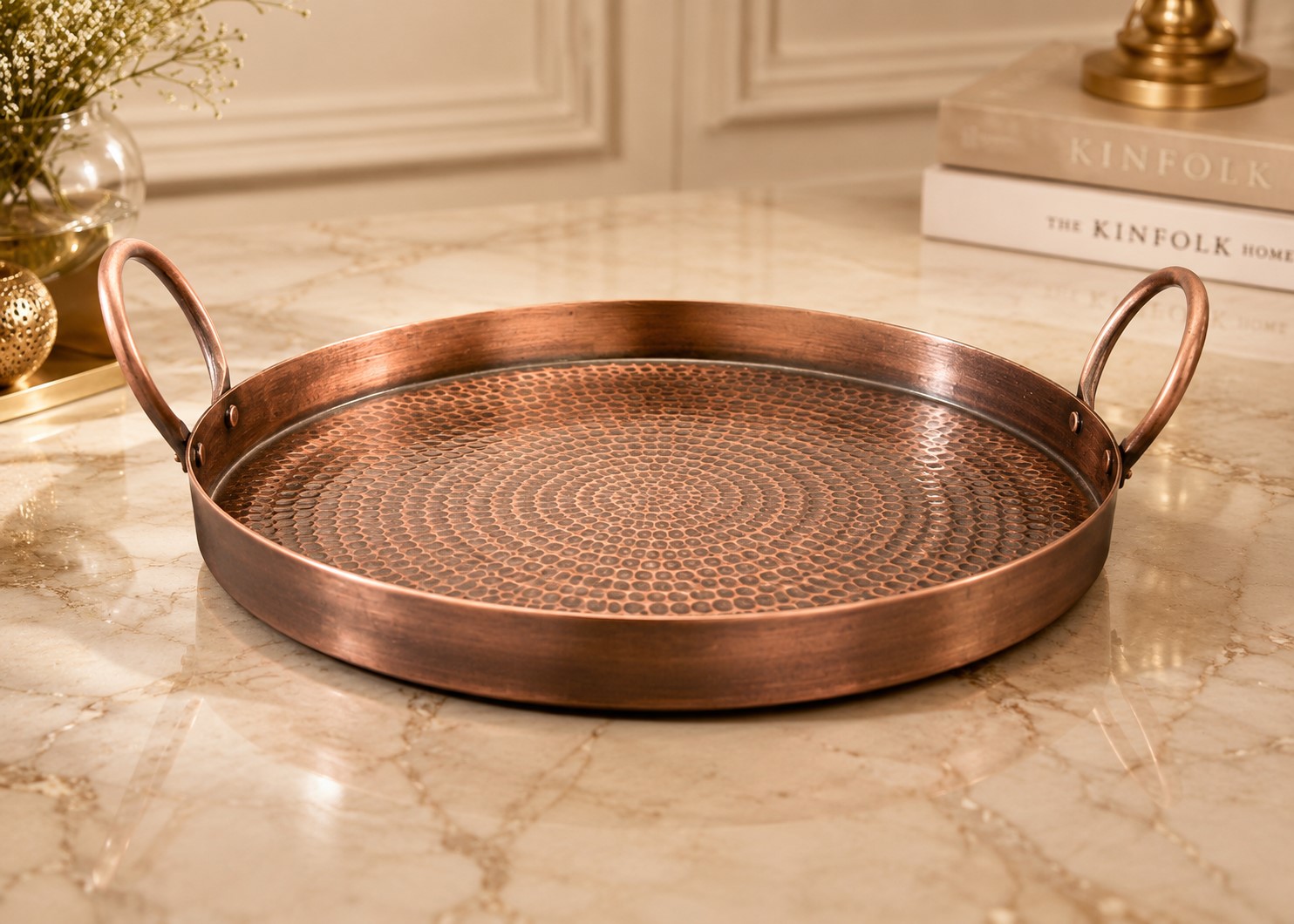 Round Grazing Platter | Hammered Copper Serving Tray | Antique Finish | 14-Inch Decorative Serving Tray