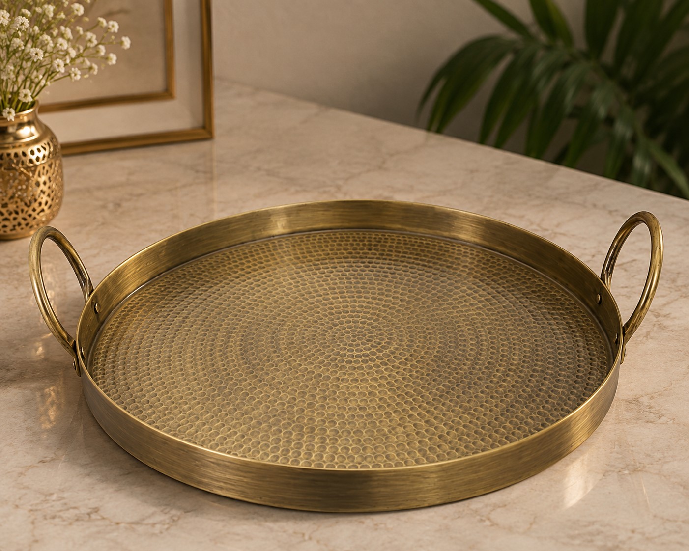 Round Grazing Platter | Hammered Brass Serving Tray | Antique Finish | 16-Inch Decorative Serving Tray