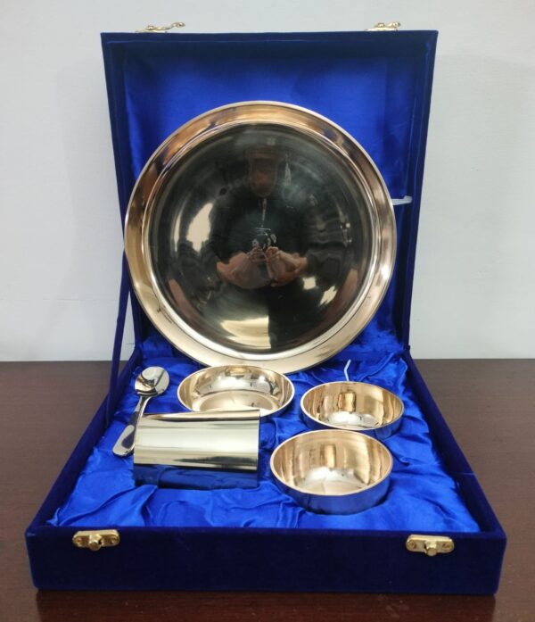 Baby Dinner sets, Pure Bronze/Kansa Dinner Plate set of 6 pcs /Bronze Dinner Thali set with Blue Velvet Box for Gift || Kansa Baby Dinner Set- 6 pcs - Image 4