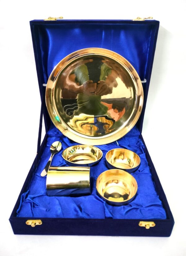 Baby Dinner sets, Pure Bronze/Kansa Dinner Plate set of 6 pcs /Bronze Dinner Thali set with Blue Velvet Box for Gift || Kansa Baby Dinner Set- 6 pcs - Image 5
