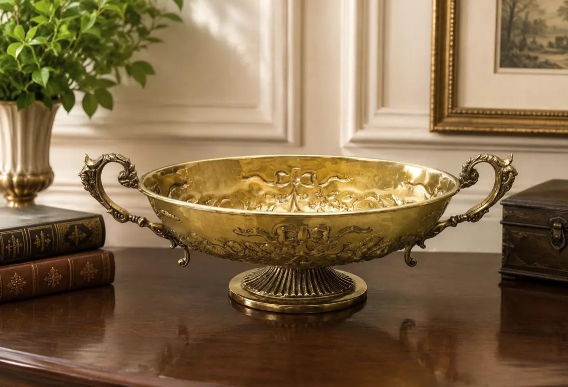 Decorative Embossed Brass Oval Bowl / Serving Tray with Handles | Antique Golden Finish Fruit Bowl & Centerpiece | Ornate Floral Design