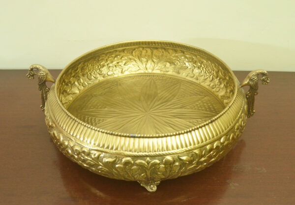 Brass Antique Urli Bowl, Table Top Decorative Bowl, Center Table Decor, Brass Embossed Peacock Brass Urli, Brass Antique Urli Bowl - Image 3