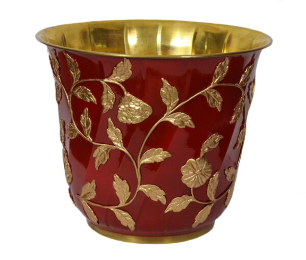 Brass Planter, Plant container, Flower Pot in Red & Golden Embossed Design, Plant for Living room, Decorative Planter