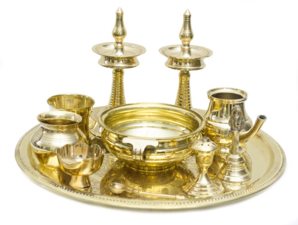 Brass Pooja Set of 11 pcs, Pooja Thali sets ||Bell, Incense Holder, Panchamrat Glass, Urli, Dhup Burner, Camphor Holder, Kalash, Diya- Plate- 16x16 inches