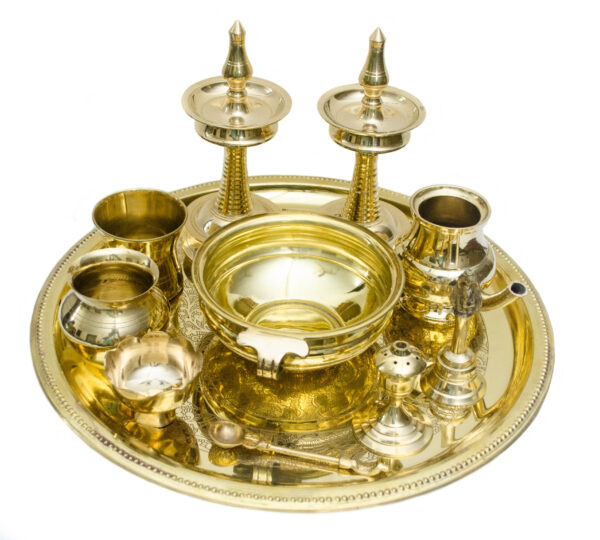 Brass Pooja Set of 11 pcs, Pooja Thali sets ||Bell, Incense Holder, Panchamrat Glass, Urli, Dhup Burner, Camphor Holder, Kalash, Diya- Plate- 16x16 inches - Image 2