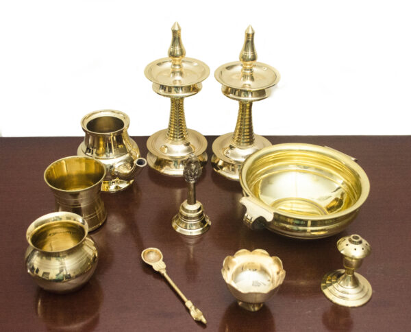 Brass Pooja Set of 11 pcs, Pooja Thali sets ||Bell, Incense Holder, Panchamrat Glass, Urli, Dhup Burner, Camphor Holder, Kalash, Diya- Plate- 16x16 inches - Image 3