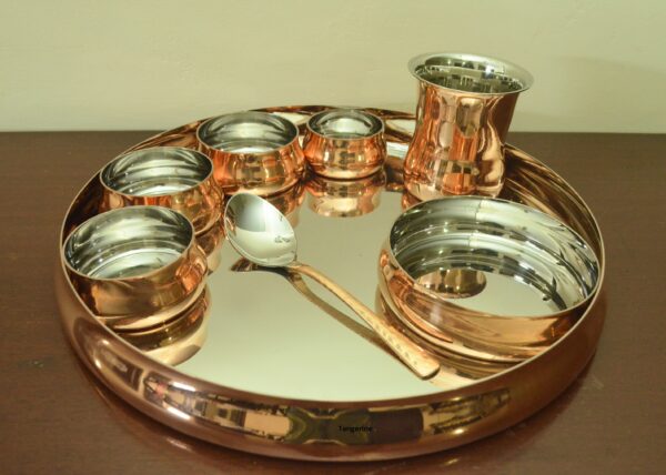 Copper & Steel Dinnerware Sets || 13 inch dinner plate set, Dinner Plate set, Thali Sets, Bowls, Glass, Sweet dish Plate and Spoon - 8 pieces set