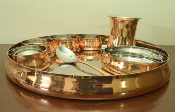 Copper & Steel Dinnerware Sets || 13 inch dinner plate set, Dinner Plate set, Thali Sets, Bowls, Glass, Sweet dish Plate and Spoon - 8 pieces set - Image 2