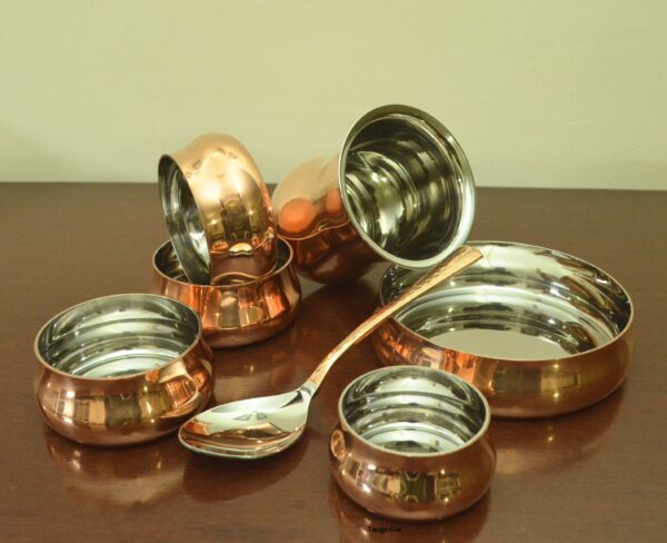 Copper & Steel Dinnerware Sets || 13 inch dinner plate set, Dinner Plate set, Thali Sets, Bowls, Glass, Sweet dish Plate and Spoon - 8 pieces set - Image 3