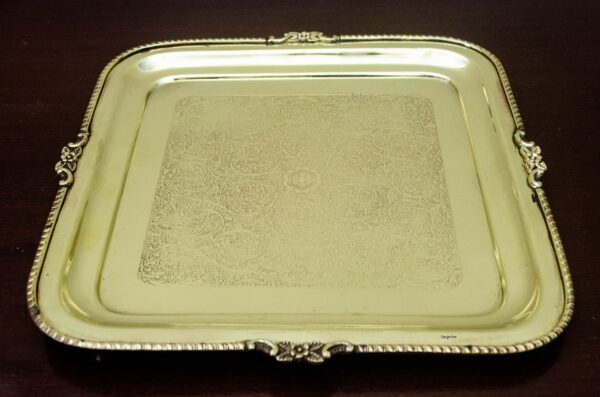 Engraved Golden Brass Serving Tray, Dish Serving Platter,  Decorative, Gift Item-  12 x 12 inches - Image 4