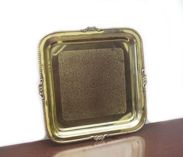 Engraved Golden Brass Serving Tray, Dish Serving Platter,  Decorative, Gift Item-  12 x 12 inches