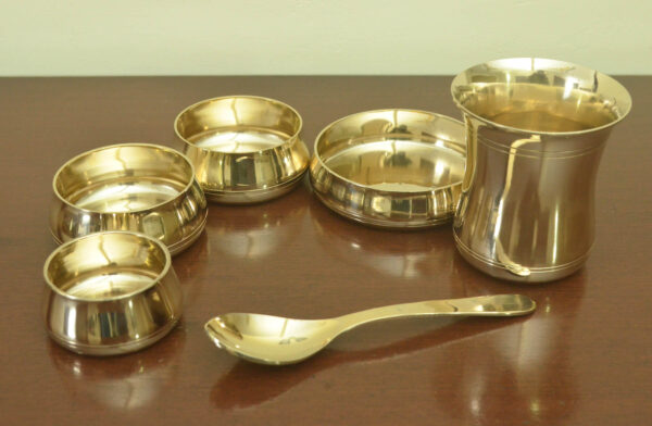 Pure Bronze / Kansa Dinner Plate Set / Thali Set, Bronze 12 inch Dinner Plate Sets, Plate, Glass, Bowl, Spoon & Sweet Dish Bowl - Set of 7 Pieces - Image 4