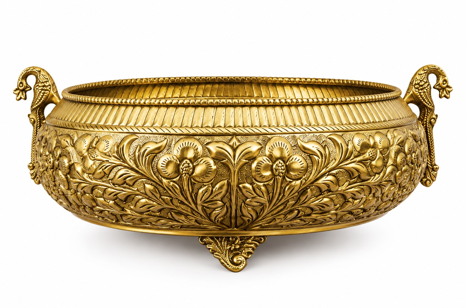 Antique Brass Urli Bowl with Peacock Handles | Embossed Decorative Brass Bowl | Traditional Floating Flower Bowl | Table Centerpiece - Image 2