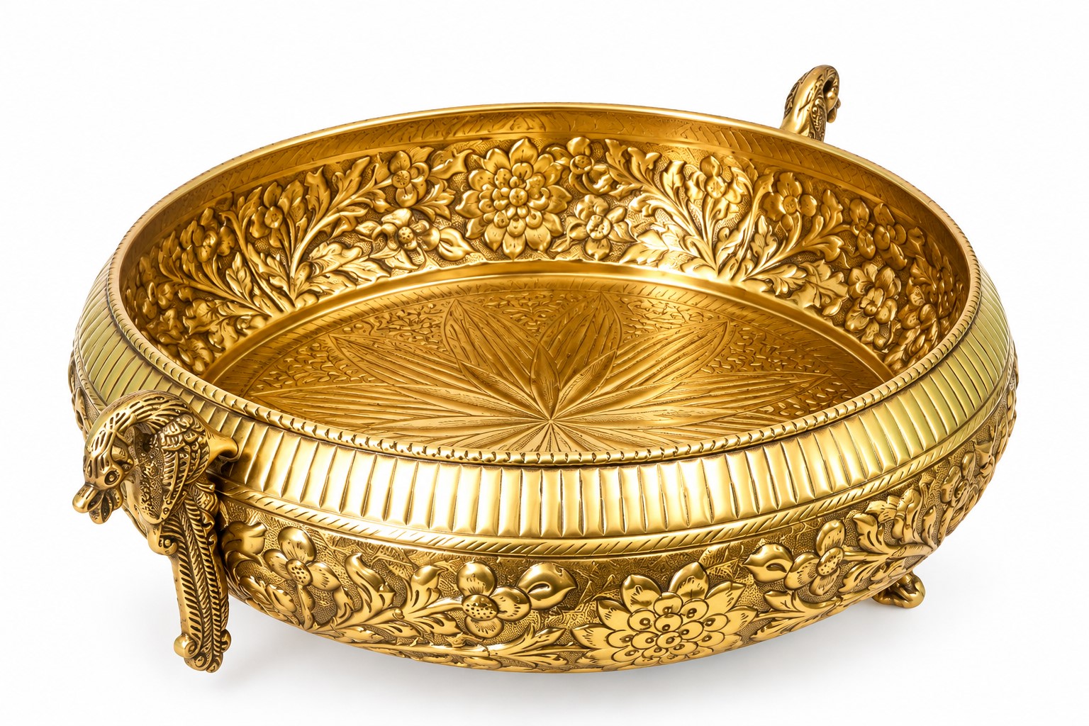 Antique Brass Urli Bowl with Peacock Handles | Embossed Decorative Brass Bowl | Traditional Floating Flower Bowl | Table Centerpiece - Image 5