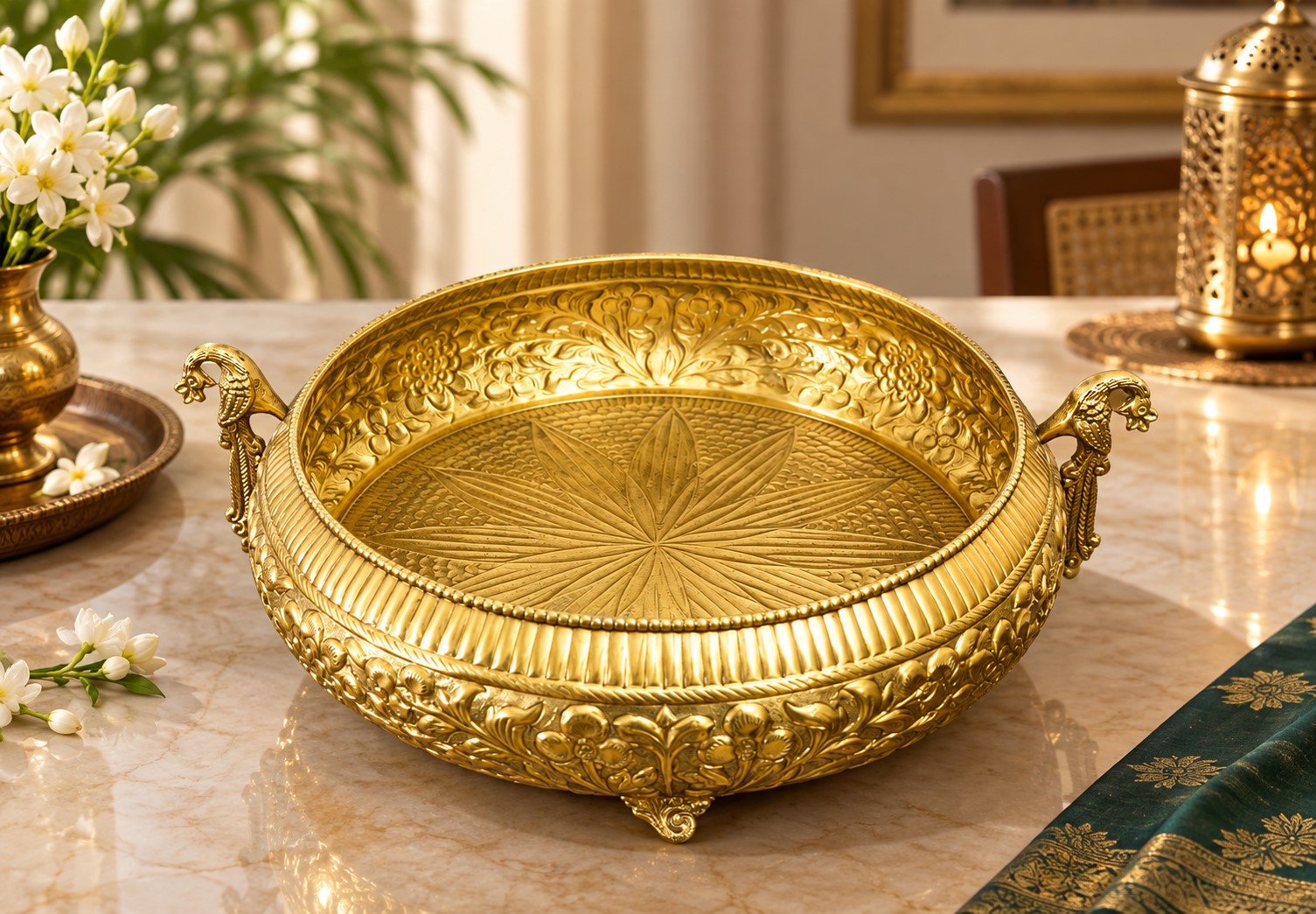 Antique Brass Urli Bowl with Peacock Handles | Embossed Decorative Brass Bowl | Traditional Floating Flower Bowl | Table Centerpiece