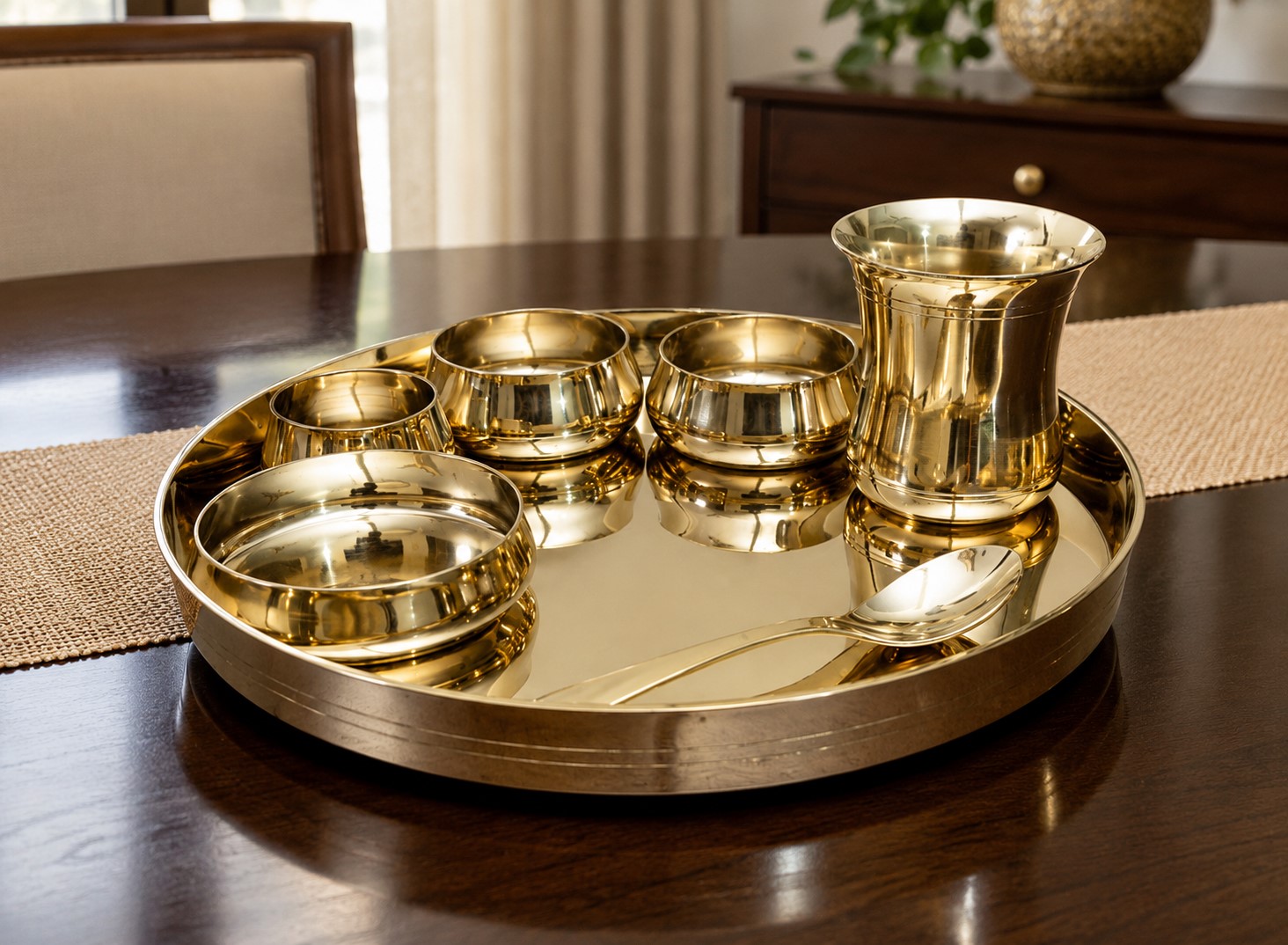 Pure Bronze Dinner Plate Set of 7 Pieces | Traditional Kansa Dinner Thali Set | Handcrafted Indian Bronze Tableware for Dining & Gifting