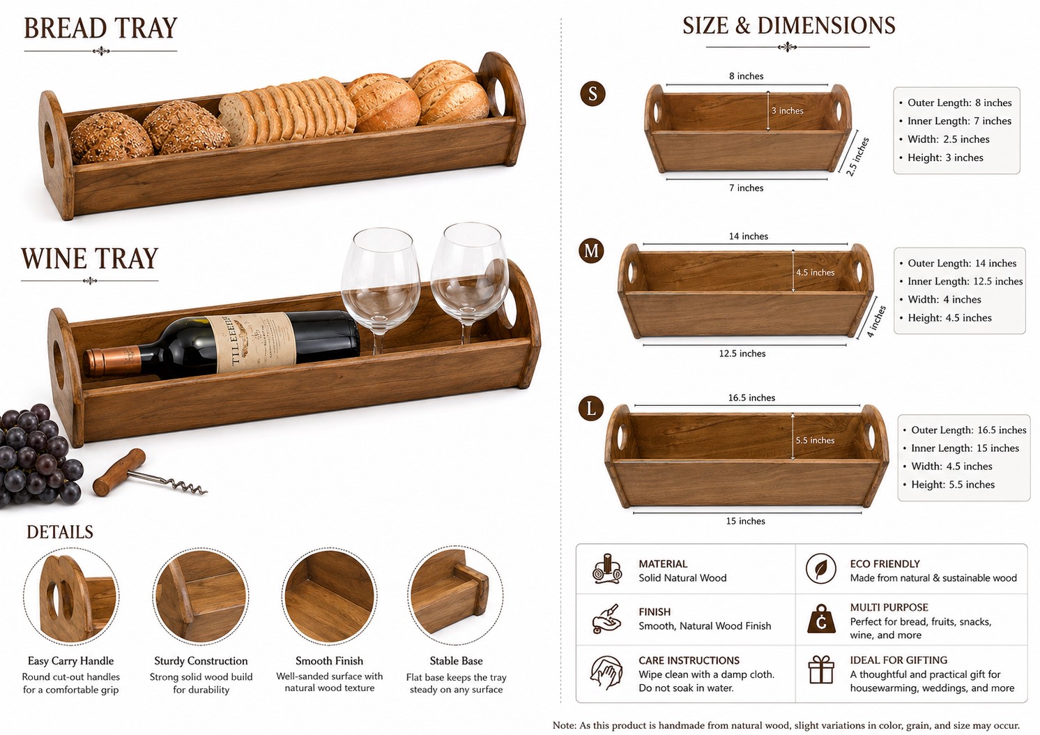 Wood Rectangular Serving Tray Set of 3 | Wooden Serving Baskets for Kitchen, Bread Tray, Wine Tray, Fruit Tray & Multipurpose Serving Trays - Image 2