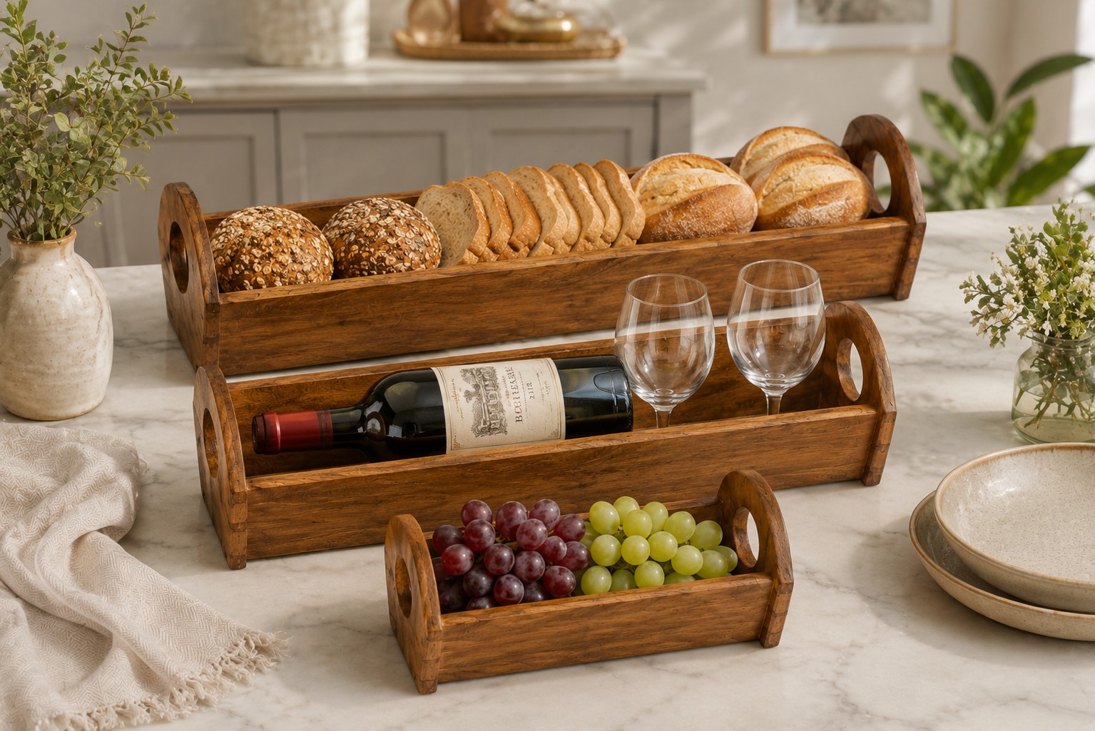Wood Rectangular Serving Tray Set of 3 | Wooden Serving Baskets for Kitchen, Bread Tray, Wine Tray, Fruit Tray & Multipurpose Serving Trays