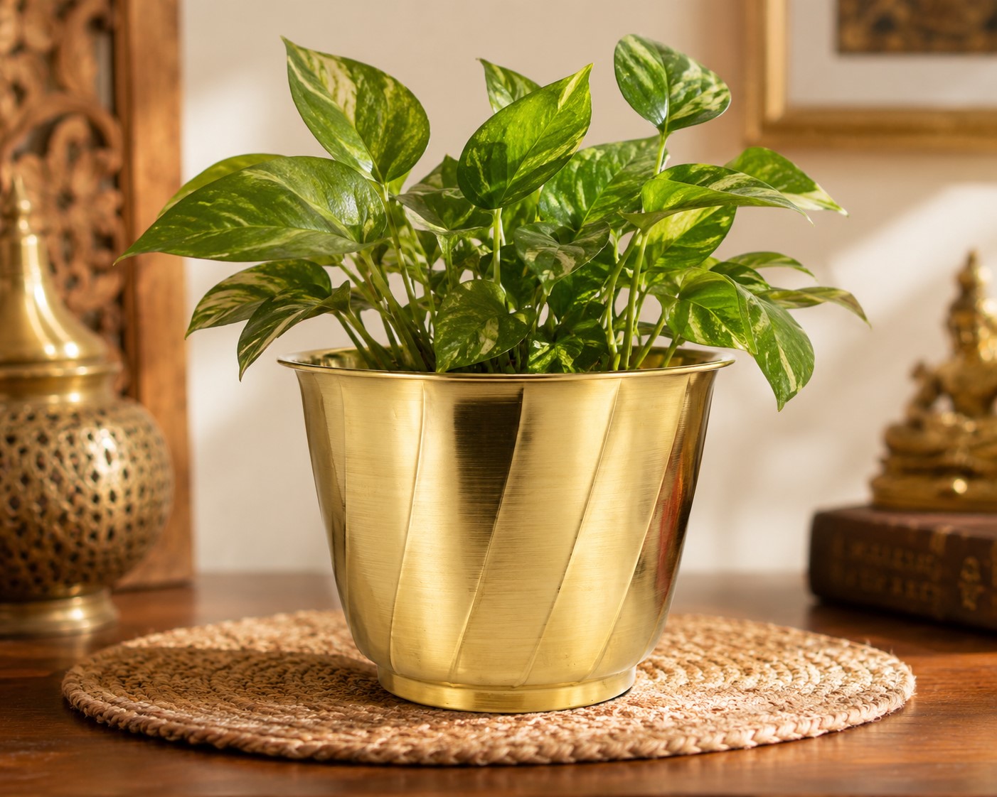 Brass Planter | Golden Metal Planter Containers with Swirl Pattern | Decorative Flower Pots for Home, Balcony & Office Décor