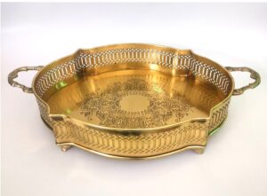 Brass Serving Tray with Handle, Antique Finish Brass Decorative Tray/Dish Serving Platter/Dish Serving Tray with Cutwork Design