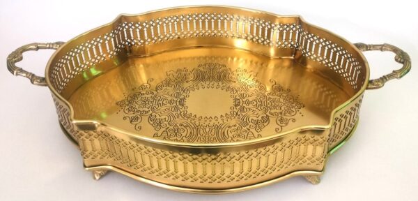 Brass Serving Tray with Handle, Antique Finish Brass Decorative Tray/Dish Serving Platter/Dish Serving Tray with Cutwork Design - Image 3