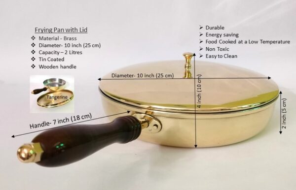 Brass Fry Pan, Frying Pan, Brass Frying Pan with Lid & Wooden Handle- 2 LTR. (diamater-10 inch) - Image 2