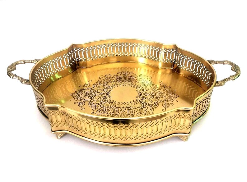 Antique Brass Serving Tray with Handles | Decorative Cutwork Platter for Serving, Home Décor & Gifting
