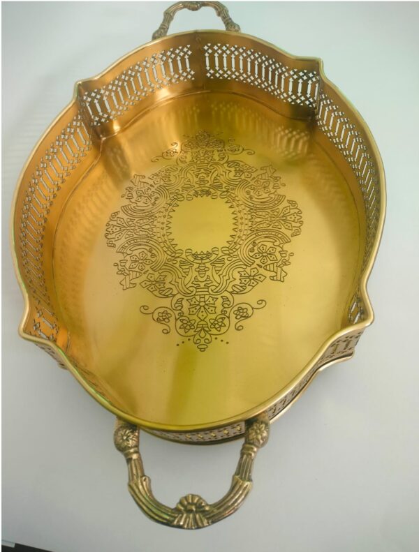 Brass Serving Tray with Handle, Antique Finish Brass Decorative Tray/Dish Serving Platter/Dish Serving Tray with Cutwork Design - Image 4