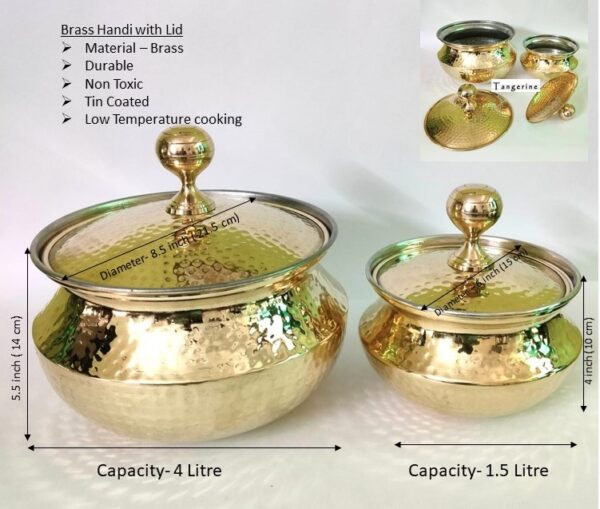 Brass Handi with Lid, Cooking Pot, Degchi, Patila for Cooking & Serving - Set (1.5 & 4 Liter) - Image 3
