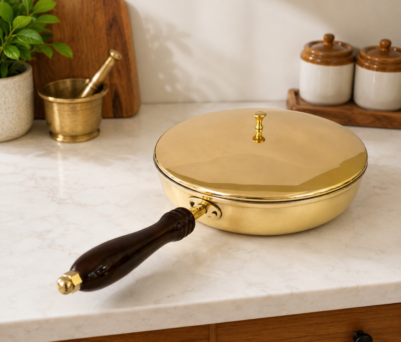 Handmade Brass Frying Pan with Tin (Kalai) Coating, Wooden Handle & Brass Lid (10 Inch) – Traditional Indian Cooking, Frying & Sautéing