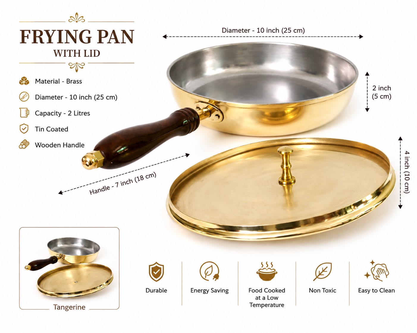 Handmade Brass Frying Pan with Tin (Kalai) Coating, Wooden Handle & Brass Lid (10 Inch) – Traditional Indian Cooking, Frying & Sautéing - Image 2