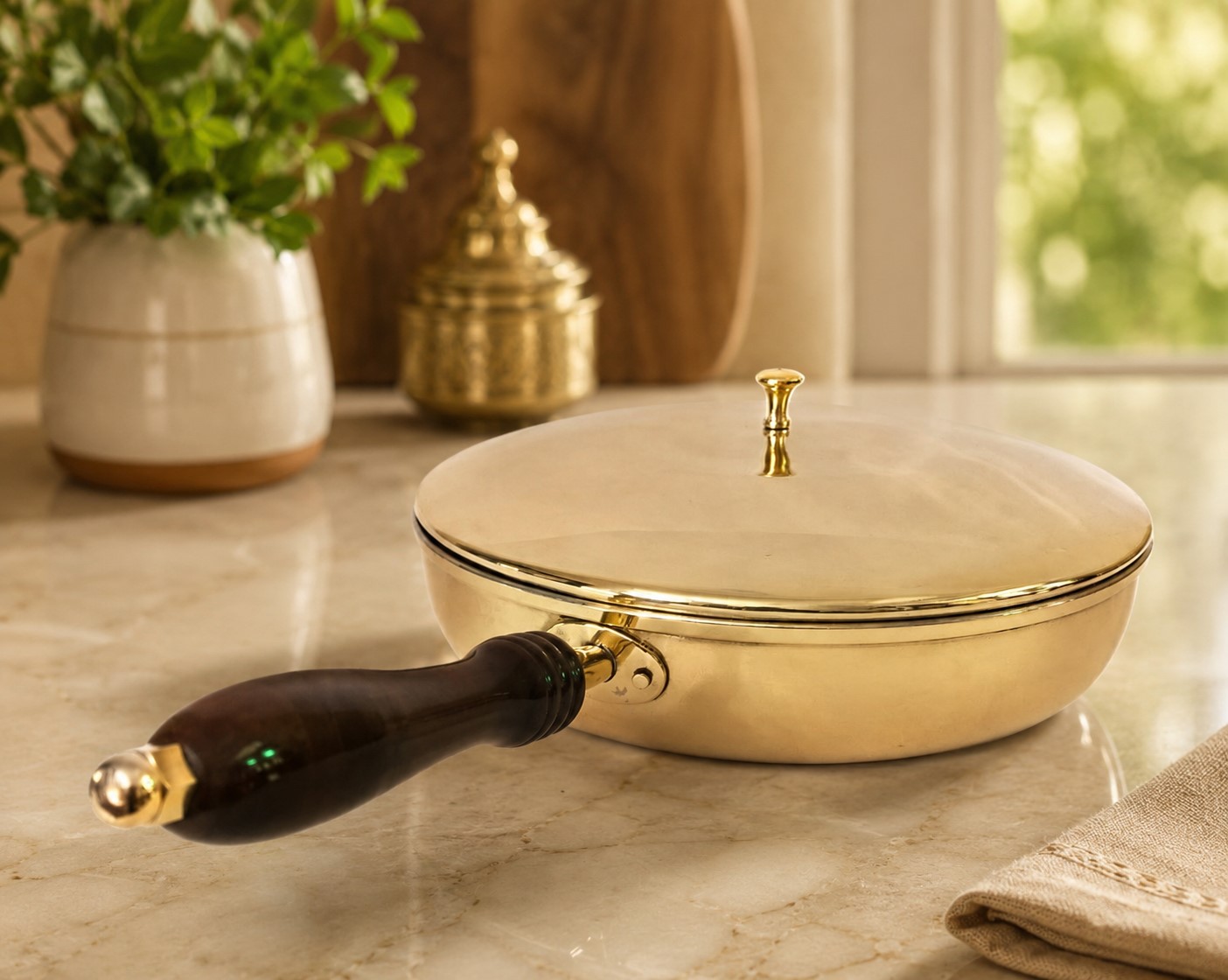 Handmade Brass Frying Pan with Tin (Kalai) Coating, Wooden Handle & Brass Lid (10 Inch) – Traditional Indian Cooking, Frying & Sautéing - Image 8