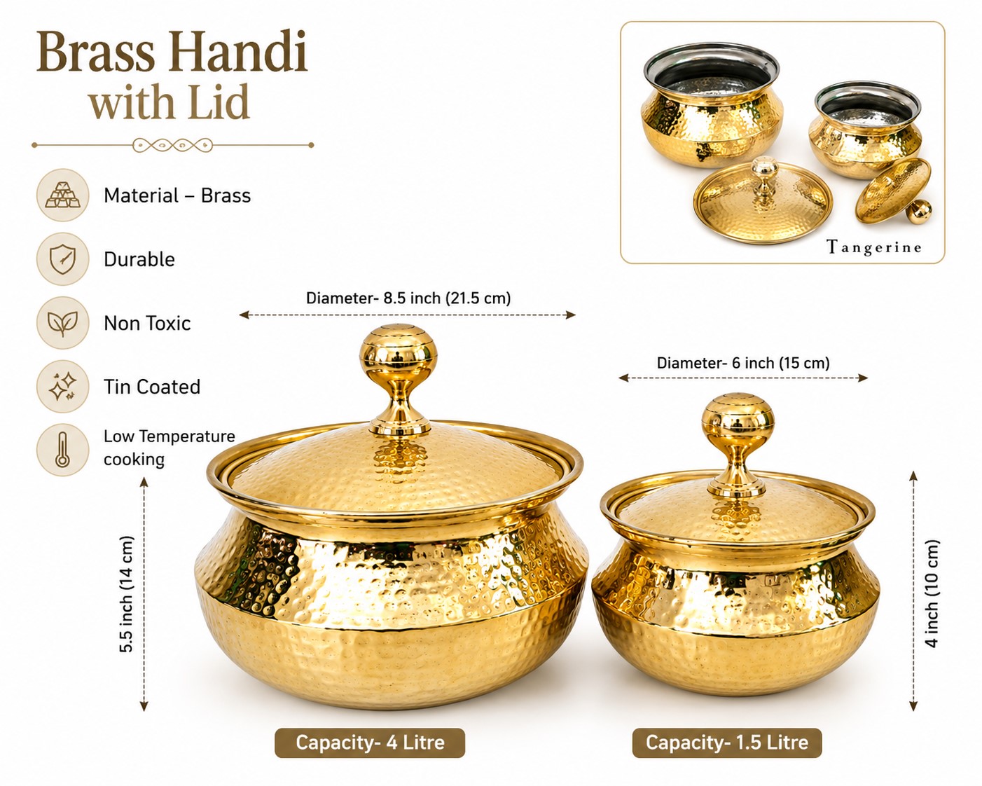 Brass Cooking Pot Set – Handcrafted Brass Handi / Degchi / Patili with Lid – 4 L & 1.5 L – Ideal for Cooking - Serving - Image 2