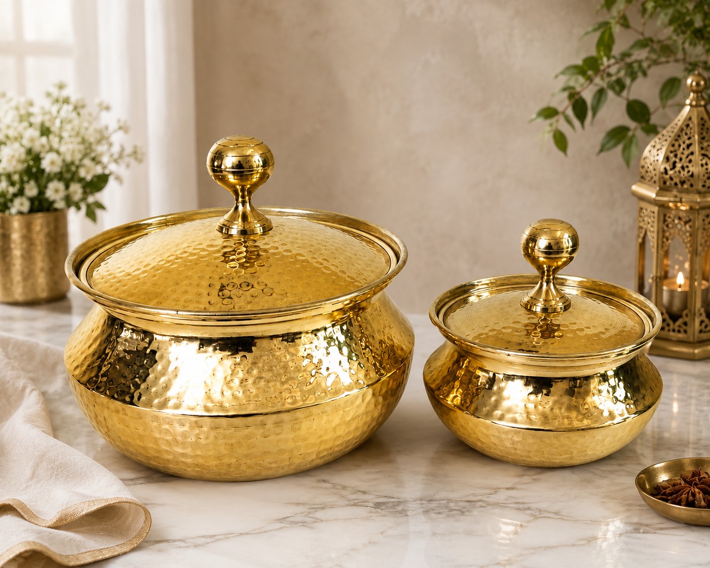 Brass Cooking Pot Set – Handcrafted Brass Handi / Degchi / Patili with Lid – 4 L & 1.5 L – Ideal for Cooking - Serving