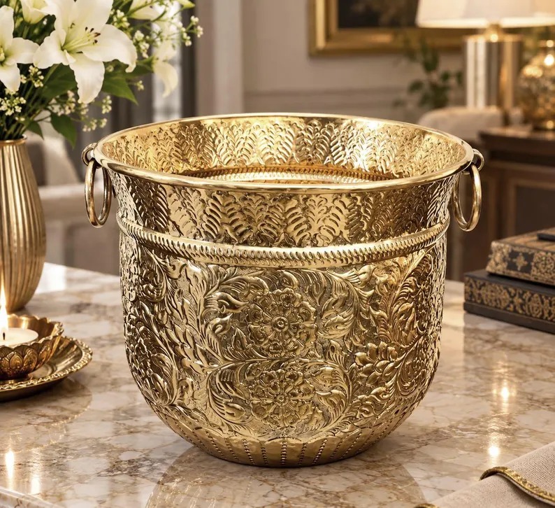 Brass Planter | Embossed Flower Pot |Plant Container | Big Planter | Large Planter